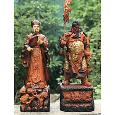 Bộ đôi văn võ song toàn không minh (gia cát lượng ) và quan công bằng gỗ hương kt cao 60cm