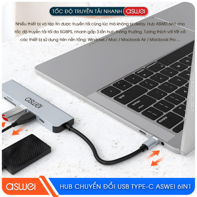 Hub Chuyển Đổi USB Type C ASWEI 6 in 1 - HDMI, USB 3.0, SD, TF, PD 100W Tốc Độ Cao - Hàng Chính Hãng