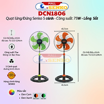 Quạt Đứng Thân Sắt Senko DCN1808 (Lồng Quạt Mạ Crom) - DCN1806 (Lồng Quạt Bằng Sắt) - Công Suất 75w - Hàng Chính Hãng - Bảo Hành 24 Tháng