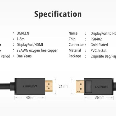 Ugreen UG10203DP101TK 3M Màu Đen Cáp chuyển đổi Displayport sang HDMI thuần đồng - HÀNG CHÍNH HÃNG