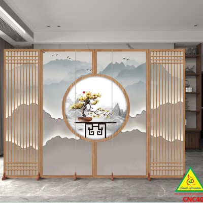 Bình phong gỗ khung tranh cắt CNC cho phòng khách, nhà bếp, nhà hàng, spa CNC404 - Nội thất lắp ráp Viendong Adv