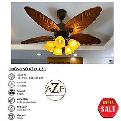 Siêu Sales QUẠT TRẦN AZP- 5 CÁNH GỖ, CÔNG XUẤT 50W, CÓ REMOTE- Hàng Nhập Khẩu