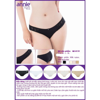 QE 8119.Quần lót phối ren hông điệu đà annie QE 8119 được thiết kế với kiểu dáng thời trang, cuốn hút, form ôm vừa vặn kết hợp c