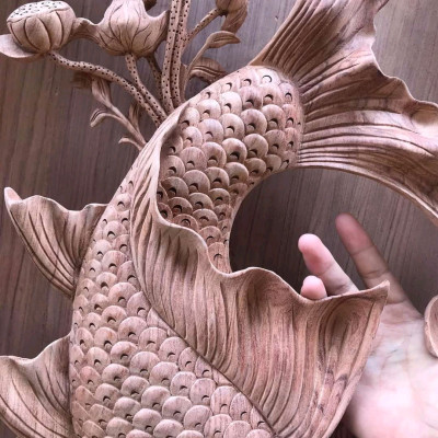 Cặp tranh treo tường lý ngư vọng nguyệt bằng gỗ hương đá siêu víp kt 42×127×8cm