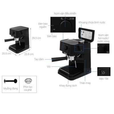 Máy pha cà phê Espresso nhãn hiệu Delonghi EC235.BK công suất 1100 (W) với dung tích 1 lít Áp suất 15 bar - HÀNG NHẬP KHẨU