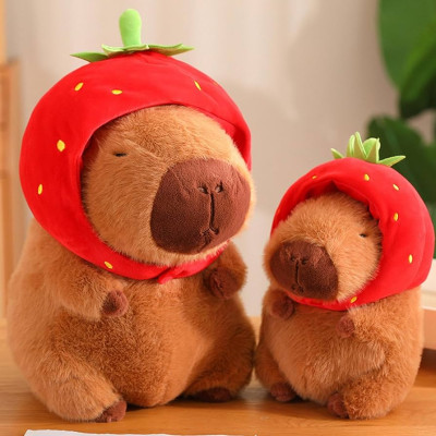 Thú nhồi bông capybara đội mũ dâu tây đáng yêu - Size từ 35cm đến 85cm - Quà tặng gấu bông capybara mang balô dâu tây trên lưng - Gối ôm chuột lang dễ thương cho bé.
