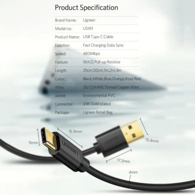 Ugreen UG30161US141TK 2M màu đen Dây USB 2.0 sang Type-C truyền dữ liệu và sạc - HÀNG CHÍNH HÃNG