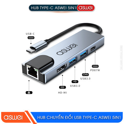 Hub Chuyển Đổi USB Type C ASWEI 5 in 1 - HDMI, USB 3.0, Lan, PD 100W Tốc Độ Cao - Hàng Chính Hãng