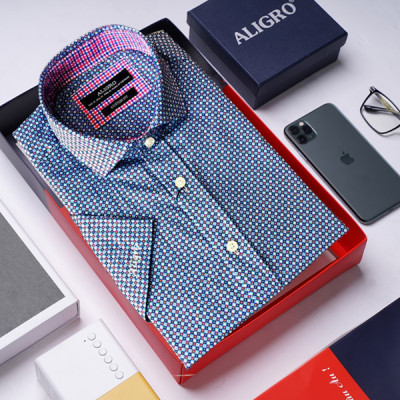 Áo sơ mi cộc tay nam Aligro xanh chấm tròn dáng Customfit  ALGS-C89