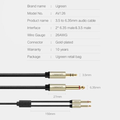 Ugreen UG40793AV126TK 3M Màu Đen Cáp âm thanh 2 đầu 6.5mm dương sang 3.5mm dương cao cấp - HÀNG CHÍNH HÃNG