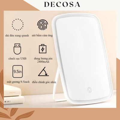 Gương Để Bàn Đèn LED Gương Cảm Ứng Để Bàn Trang Điểm Gương Có 3 Chế Độ Sáng Đổi Màu Sạc USB 23x16cm