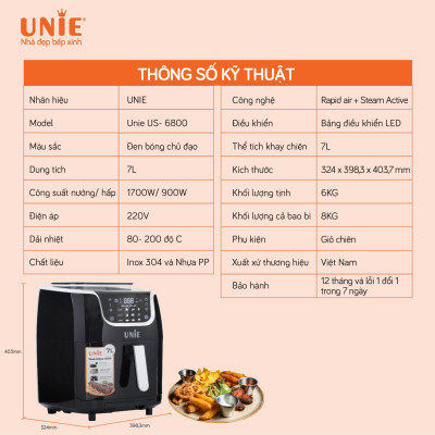 Nồi Chiên Hơi Nước Unie STEAM US6800 Tiêu Chuẩn Đức Công Suất 1700W Dung Tích 7L- Hàng Chính Hãng