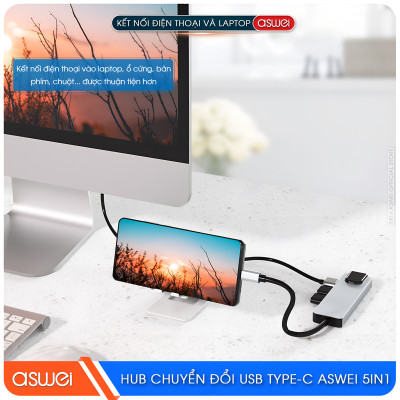 Hub Chuyển Đổi USB Type C ASWEI 5 in 1 - HDMI, USB 3.0, Lan, PD 100W Tốc Độ Cao - Hàng Chính Hãng