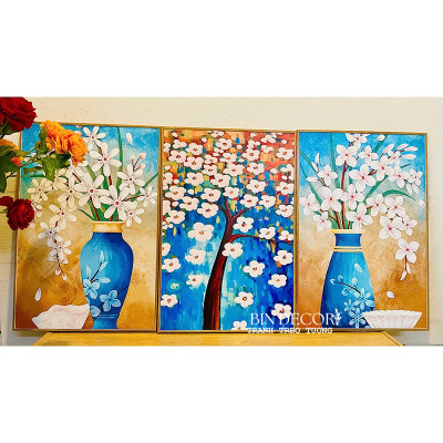 (ẢNH THẬT) Tranh treo tường bình hoa sắc màu trang trí decor kèm đinh