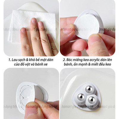 COMBO 4 Bánh Xe Mini Bi Thép Gắn Tủ Kệ Nội Thất Dán Đáy Thùng Rác Hộp Để Đồ Keo Siêu Dính Di Chuyển Đồ Đạc