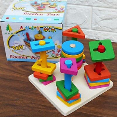 Đồ Chơi Gỗ Luyện Tay Luồn Cọc Thông Minh - Thả Hình Khối Trên 5 Cột Trụ Đa Dạng Cho Bé