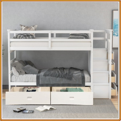 Giường 2 tầng màu trắng Tundo trên 1m2 dưới 1m4 kèm 2 học tủ