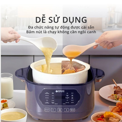 Nồi nấu chậm lòng sứ 3L Mishio MK397 kèm xửng hấp và 4 thố sứ tiện lợi không lo cháy khét hay bong tróc chống dính - Hàng chính hãng