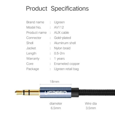 Ugreen UG10688AV112TK 3M màu Xanh Cáp âm thanh 2 đầu 3.5mm dương - HÀNG CHÍNH HÃNG