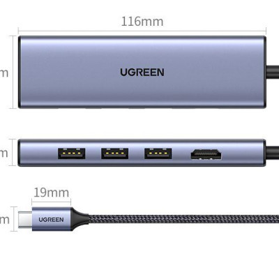 Ugreen UG25124CM511TK USB type C sang 1 x HDMI 4K30Hz + 3 x USB3.0 + TF + SD Bộ chuyển 6in1 - HÀNG CHÍNH HÃNG