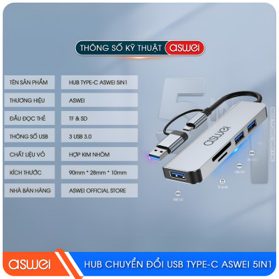 Hub Chuyển Đổi USB Type C ASWEI 5 in 1 - USB 3.0, SD, TF Tốc Độ Cao - Hàng Chính Hãng