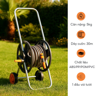 Bộ vòi nước tưới cây rửa xe đa năng Lebenlang LBLB3365 dây dài 30m, 1 đầu tưới, thiết kế xe đẩy - hàng chính hãng