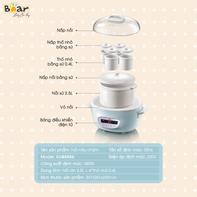 [Hàng Chính Hãng] Nồi nấu chậm Bear SUBE003 2.5 Lít (có lồng hấp) với 8 chức năng và ruột nồi bằng sứ cao cấp. Thích hợp cho bé ăn dặm, người có tuổi, người ốm dậy, người ăn kiêng, chơi thể thao.