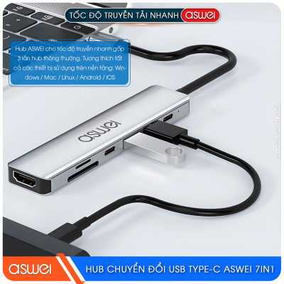Hub Chuyển Đổi USB Type C ASWEI 7 in 1 - HDMI, USB 3.0, SD, TF, USB C, PD 100W Tốc Độ Cao - Hàng Chính Hãng