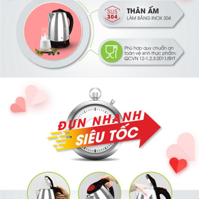 Ấm điện siêu tốc INOX 304 RẠNG ĐÔNG 1.8L RD-AST18ST2- Hàng chính hãng