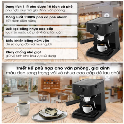 Máy pha cà phê Delonghi EC235.BK công suất 1100W, pha Espresso đánh bọt sữa capuchino, latte - Hàng nhập khẩu