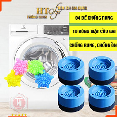 Combo 04 Đế chống rung máy giặt + 10 Bóng giặt cầu gai quần áo HT SYS