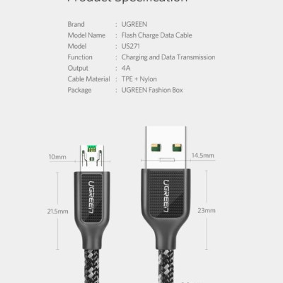 Ugreen UG50381US271TK 1M màu Đen Cáp sạc truyền dữ liệu USB 2.0 sang MICRO USB 4A võ hợp kim kẽm - HÀNG CHÍNH HÃNG