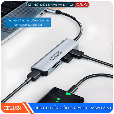 Hub Chuyển Đổi USB Type C ASWEI 5 in 1 - USB 3.0, SD, TF Tốc Độ Cao - Hàng Chính Hãng