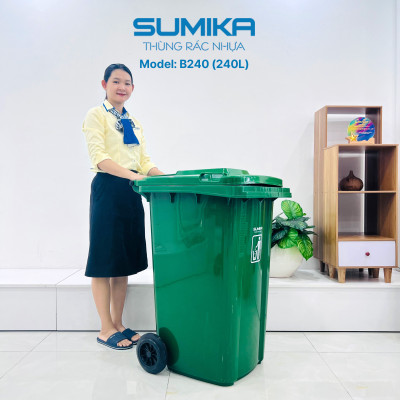Thùng rác nhựa công cộng SUMIKA B240, dung tích 240L, có bánh xe