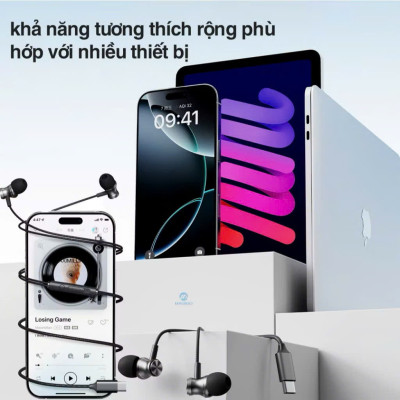 Tai nghe có dây nhét tai có mic ROCKSPACE ES09 chuẩn cắm TypeC dành cho ip15, hàng chính hãng bảo hành 1 năm