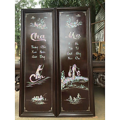 Tranh câu đối cha mẹ gỗ gụ,khảm ốc đỏ kt 40×120×4cm