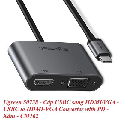 Ugreen UG50738CM162TK 15CM màu Xám Bộ chuyển đổi TYPE C sang HDMI + VGA + hỗ trợ nguồn TYPE C - HÀNG CHÍNH HÃNG