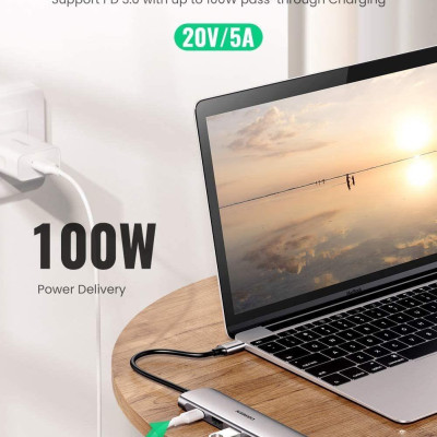 Ugreen UG70495CM136TK 5 trong 1 màu xám bộ chuyển USB type C ra 3*USB 3.1 sạc 100w PD 4K HDMI - HÀNG CHÍNH HÃNG