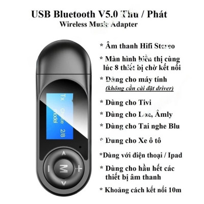 Bộ Thu Phát Bluetooth 5.0 Không Dây Đa Năng Kèm Màn Hình LCD – Hàng Nhập Khẩu Usb Bluetooth 5.0 có màn hình hiển thị thu phát âm thanh HIFI Stereo cho tivi loa, âm ly laptop, PC