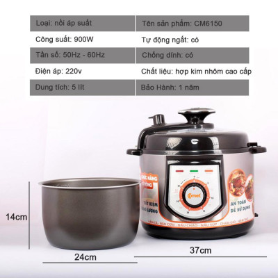 Nồi áp suất điện Comet CM6150 5 lít – 900W, 5 chế độ nấu, lòng chống dính, hàng chính hãng 