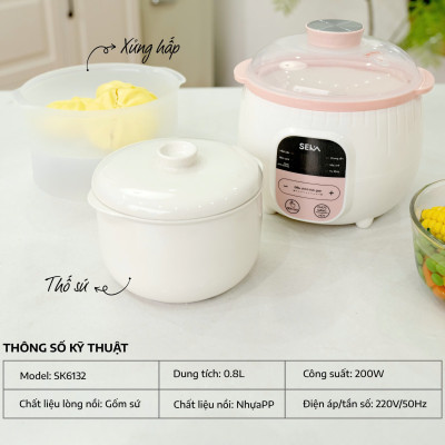 (Model 2025) Nồi Nấu Chậm Đa Năng SEKA SK6132 Nồi Nấu Cháo, Ninh Hầm Hấp 0.8L Hàng Chính Hãng