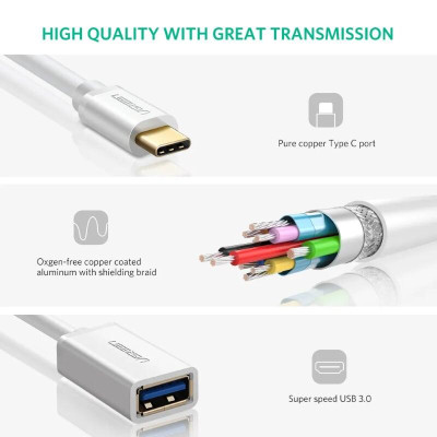 Ugreen UG30702US154TK 13CM Màu TRắng Dây USB Type-C sang USB 3.0 - HÀNG CHÍNH HÃNG
