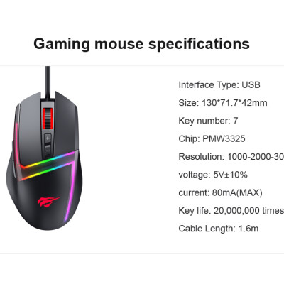 Chuột Gaming Có Dây Havit MS953/ 7 Chế Độ/ 700DPI/ Led RGB/ 20 Triệu Lần Nhấp Chuột - Hàng Chính Hãng