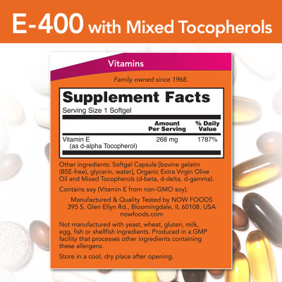 Viên Uống NOW FOODS E400 Mixed Tocopherols Bổ Sung Vitamin E, Chống Oxy Hóa Lọ 50 Viên
