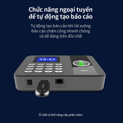 Máy Chấm Công Quét Vân Tay Deli hàng Chính Hãng Deli - Màn Hình 2.4 Inch, Camera Kép, Kết Nối USB - Tích Hợp Nhiều Ngôn Ngữ E3747