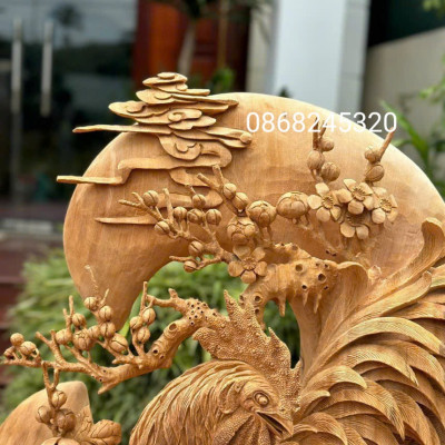 Tượng gia đình gà phong thủy bằng gỗ ngọc am kt 86×66×37cm