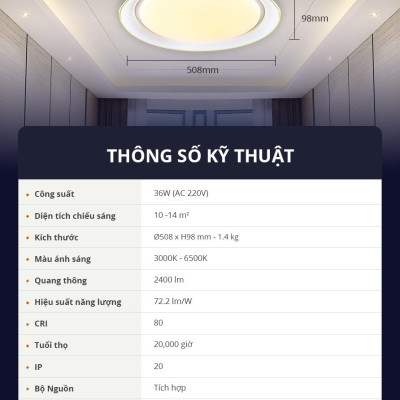 Đèn trần ánh sao Starry Panasonic HHXZ301188 36W cho phòng ngủ hiệu ứng ánh sáng lấp lánh, chế độ ngủ, thư giãn, hẹn giờ