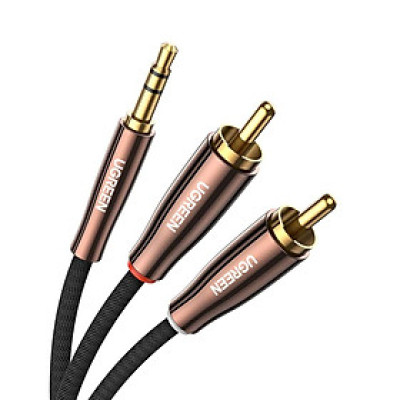 Cáp chuyển đổi âm thanh 3.5mm sang 2 cổng RCA Ugreen 80844 dài 0.5M Màu Đen Đầu cáp Màu Nâu AV170 Hàng Chính hãng