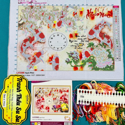 Tranh thêu chữ thập đồng hồ cửu ngư LV3366, kích thước 60 x 45 cm
