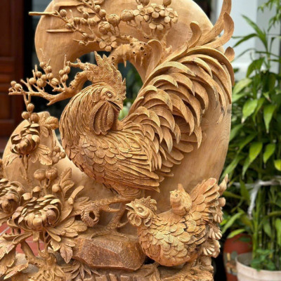 Tượng gia đình gà phong thủy bằng gỗ ngọc am kt 86×66×37cm